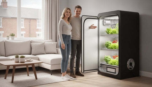 A couple standing next to an open indoor hydroponic grow tent with plants inside.
