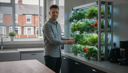 Man tending to a vertical hydroponic indoor garden with lettuce and tomatoes in a kitchen