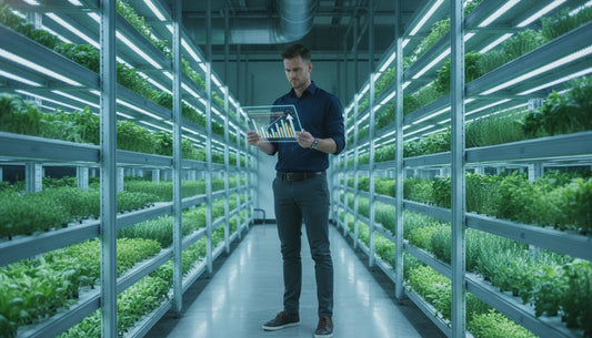 Man analyzing growth data on a tablet in a high-tech hydroponic indoor vertical farm.