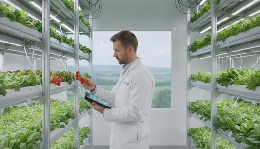 A scientist in a lab coat inspecting cherry tomatoes in a vertical hydroponic farm