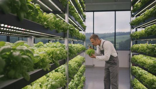 A hydroponic farm worker inspecting fresh lettuce grown on vertical LED shelving units.