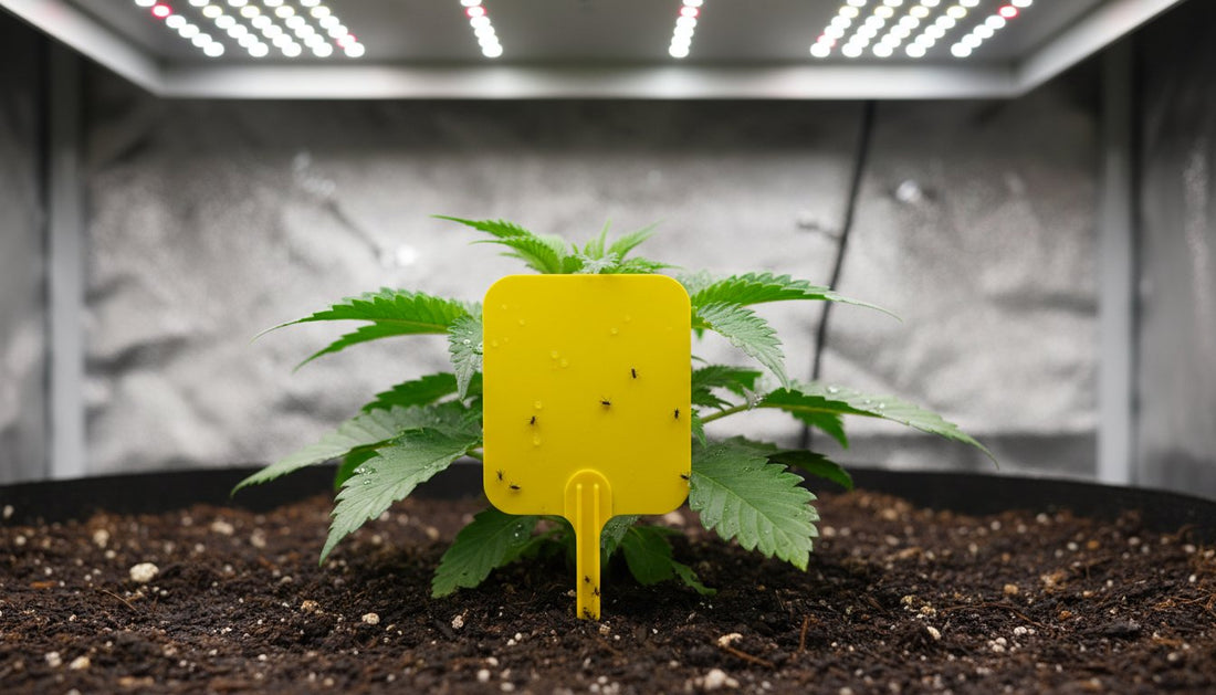 Yellow sticky pest trap for fungus gnats in a grow tent with a young plant.