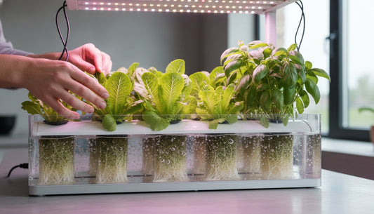 Person tending to leafy greens in a hydroponic indoor growing system with LED grow lights