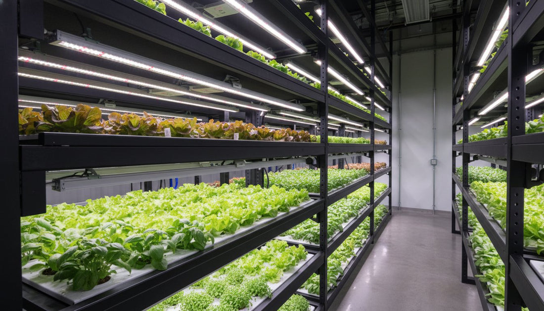 Vertical hydroponic farming system with LED grow lights and leafy greens in a warehouse