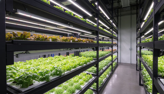 Vertical hydroponic farming system with LED grow lights and leafy greens in a warehouse