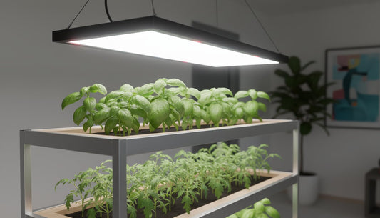 Indoor hydroponic grow shelf with basil and tomato plants under a LED grow light