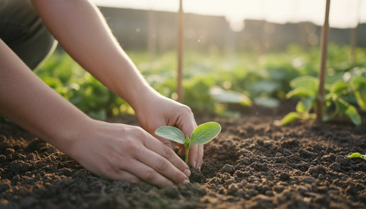 Close-up of hands planting a small green seedling in rich garden soil