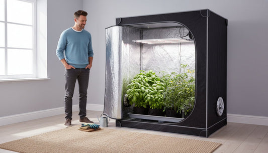 A man standing next to a hydroponic grow tent with indoor plants and LED lighting.