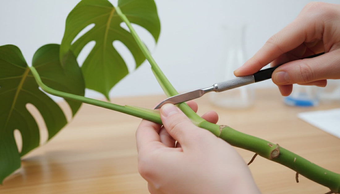 A person using a scalpel to take a cutting from a Monstera plant stem.