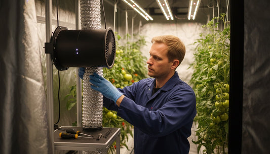 Technician installing an inline duct fan in a hydroponic grow tent with tomato plants