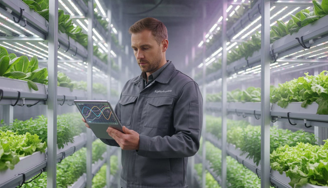 Agricultural technician monitoring indoor vertical hydroponic lettuce farm using a digital tablet.