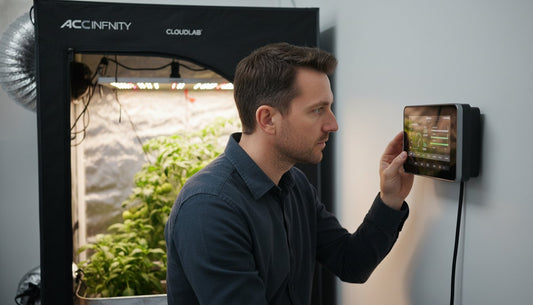 Man adjusting a digital controller for an AC Infinity grow tent with plants inside.