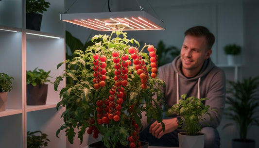 A man observing cherry tomatoes growing under a professional LED grow light in a home setup.