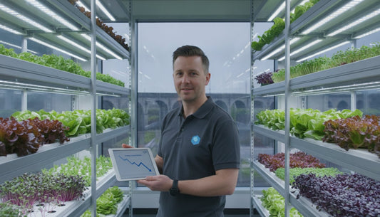 A man holding a tablet monitoring plant growth in a hydroponic vertical farm system.