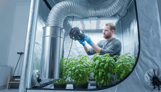 Man in blue gloves adjusting a fan in a hydroponic grow tent with basil plants