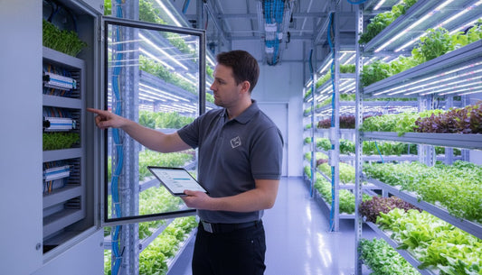 Technician monitoring vertical hydroponic farming systems with a digital tablet