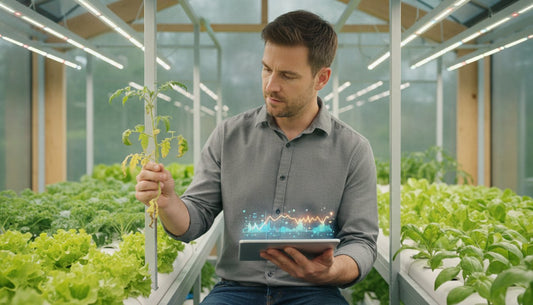 A man using a tablet to monitor plant growth in a modern hydroponic grow room.