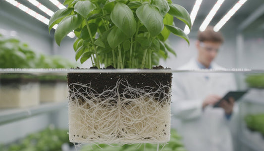 Close-up of a basil plant showing healthy white root system in a hydroponic grow room
