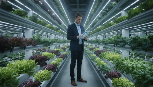 Professional monitoring lettuce growth in a commercial vertical hydroponic farm