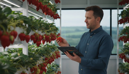 A man using a tablet to monitor strawberries growing in a hydroponic vertical farm.