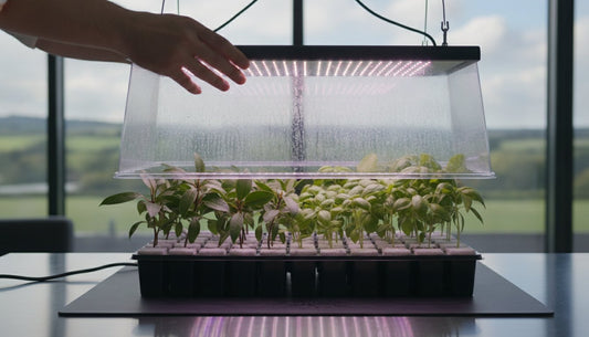 A hand adjusting a clear humidity dome over basil seedlings under a hydroponic LED grow light.