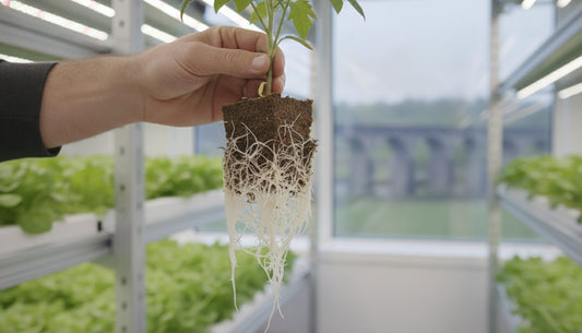 Hand holding a young plant with a healthy root system in a hydroponic grow room