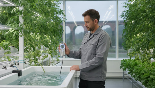 Man using a digital pH and EC meter to test water in a hydroponic growing system