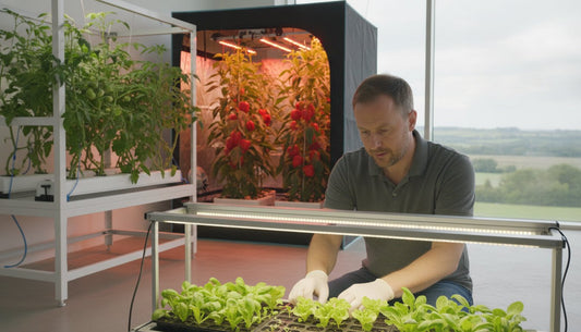 A man tending to hydroponic lettuce under LED grow lights in a modern indoor grow room.