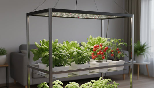 Indoor hydroponic growing system with LED light panel cultivating herbs and cherry tomatoes.