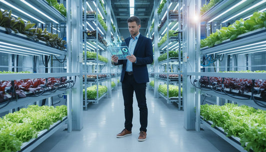 Professional using a digital tablet to monitor crops in a hydroponic vertical farm.