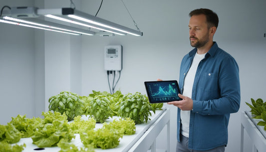 Man monitoring hydroponic basil and lettuce growth using a digital tablet in a grow room.