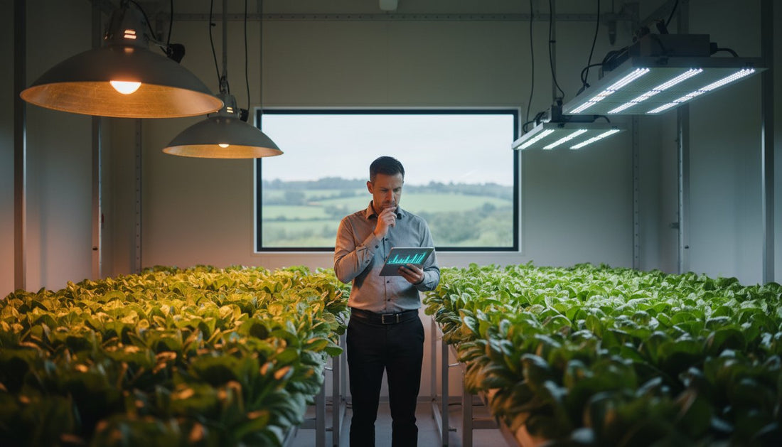 A farmer monitoring hydroponic lettuce growth with a tablet in a high-tech grow room.