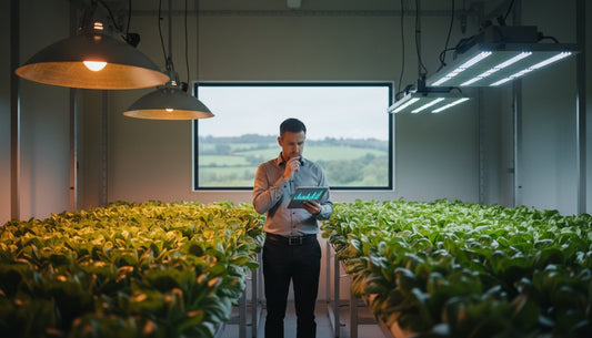 A farmer monitoring hydroponic lettuce growth with a tablet in a high-tech grow room.