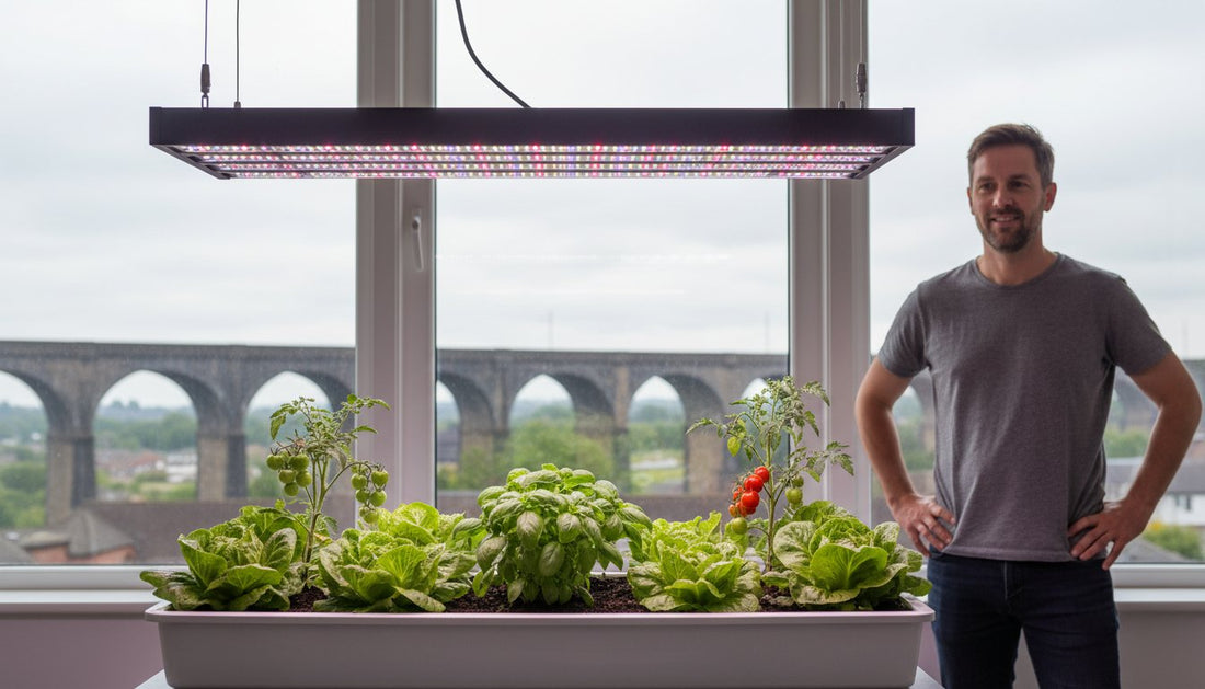 A man standing next to indoor hydroponic plants growing under a full-spectrum LED grow light.
