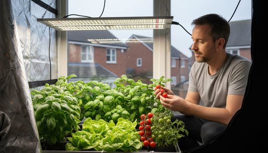 Man harvesting cherry tomatoes and basil in a grow tent with LED grow lights