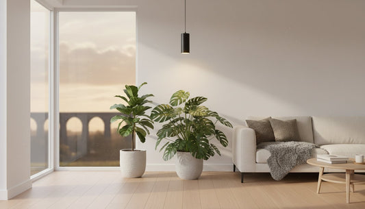 Modern minimalist living room with two large indoor plants in white pots near a window.