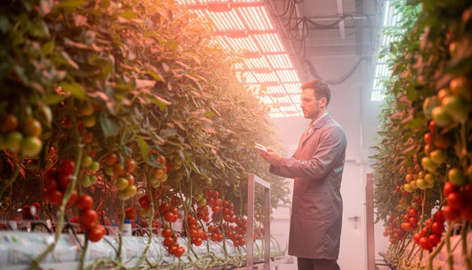 A scientist in a lab coat monitoring tomato plants in a hydroponic grow room with LED lighting
