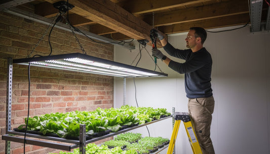 Man installing an LED grow light over hydroponic lettuce in a grow room