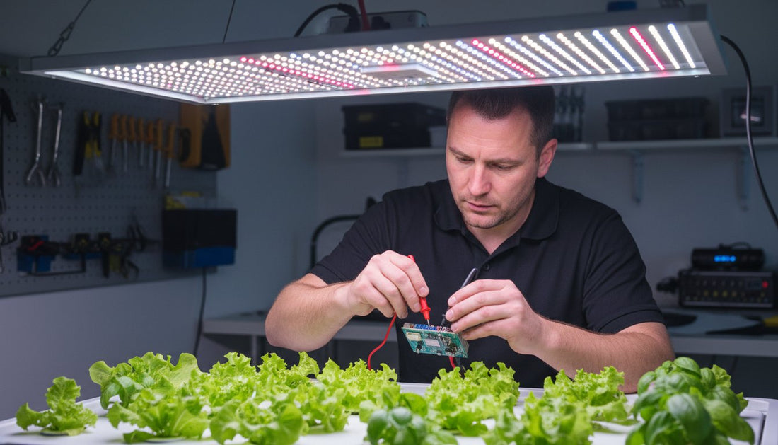 Technician testing a hydroponic control system circuit board above growing lettuce
