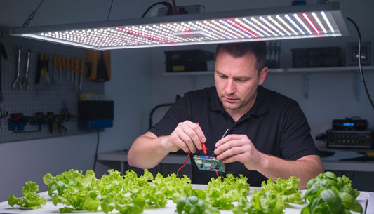 Technician testing a hydroponic control system circuit board above growing lettuce
