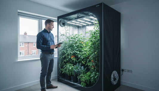 Man monitoring tomato plants inside a professional hydroponic grow tent.