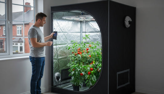 Man using a digital timer to control lighting in a hydroponic grow tent with tomato plants