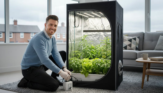 Man adjusting a timer for a compact indoor hydroponic grow tent with leafy green plants.