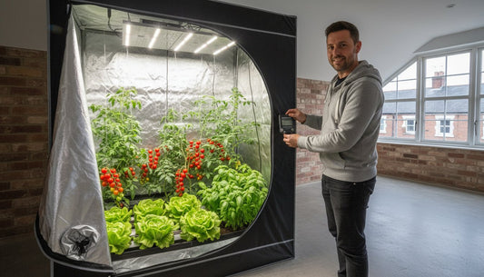 A man managing a hydroponic grow tent filled with tomatoes, lettuce, and basil plants.