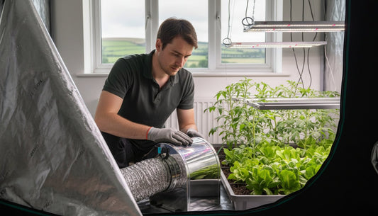 Man wearing gloves installing a duct fan in a hydroponic grow room with LED lights and plants