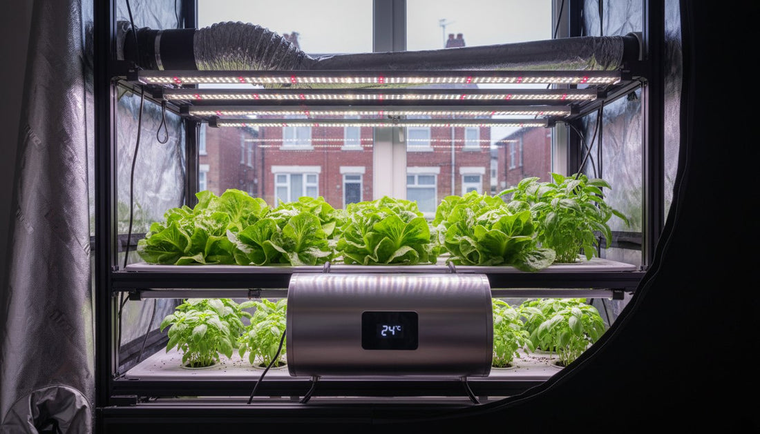 Hydroponic grow tent with LED lighting and a digital temperature controller growing lettuce.