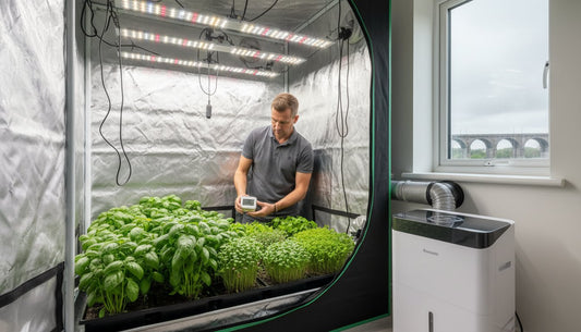 A man monitoring basil plants in a hydroponic grow tent with LED lighting.