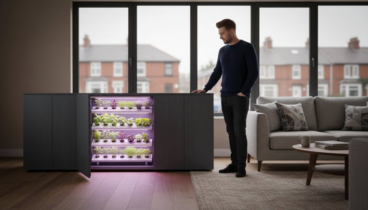 Man standing next to a modern indoor hydroponic grow cabinet with purple LED lighting.