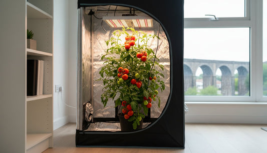 Tomato plant growing in a hydroponic grow tent with an LED grow light