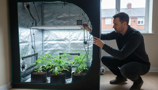 A man adjusting a grow light inside a reflective hydroponic grow tent with young plants.